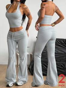 Coolane Bộ đồ thể thao nữ mùa xuân, phong cách đường phố, thoải mái, co giãn, họa tiết, màu xám, gồm áo corset và quần ống loe có dây đeo, 2 món. - Xám - Xem 3