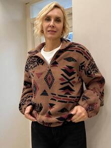 DAZY Geo Print Lantern Sleeve Half Zip Sweatshirt,Long Sleeve Tops,Fall Women Clothes - Camel - View 1