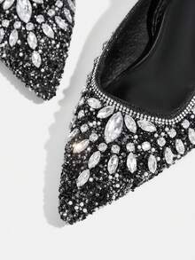 CUCCOO TILAWA New Black Rhinestone Pointed High Heels Women's Thin Heels With Sandals Banquet Dress Shoes Light Luxury Temperament Wedding Shoes - Black - View 6