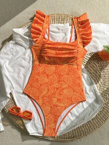 Swim Vcay Women's Orange Base Random Shell Print Ruffle Cuff Gathered Back U-Neck One-Piece Swimsuit - Orange - View 3