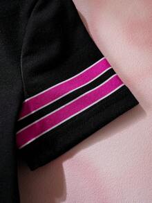 HELLO KITTY AND FRIENDS | SHEIN 女婴V领卡通字母印花休闲百搭日常短袖上衣 - 黑色 - 查看 5