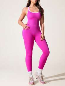 Slayform Seamless Fuchsia & White Sports Jumpsuit Gym Jumpsuit For Women Seamless Workout Jumpsuit - Hot Pink - View 5