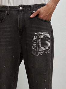 GALLERY FADE Men's Hiphop Street Fashion Rhinestone Embellished Luxury Washed Gray Straight Leg Wide Jeans - Dark Grey - View 4
