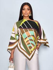 SOLERSUN 女士春夏休闲优雅杏色印花不对称领口不对称下摆衬衫，露肩开衩袖设计，宽松时尚。几何花卉印花蝙蝠袖，全新百搭款式。适合春夏穿着，日常通勤及外出活动皆宜。 - 軍綠色 - 查看 4