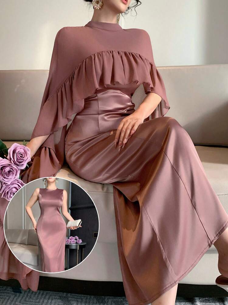 Spring & Summer Chiffon Shawl Collar Cover Up Top, Short Crop Top, Shirt Cover Up, Camisole Dress, 2-Piece Set, Fitted, Elegant, Suitable For Valentine's Day, Wedding, Party, Formal Occasion, Fashion Event, Commute, Satin Ruffle Hem Women's Outfit