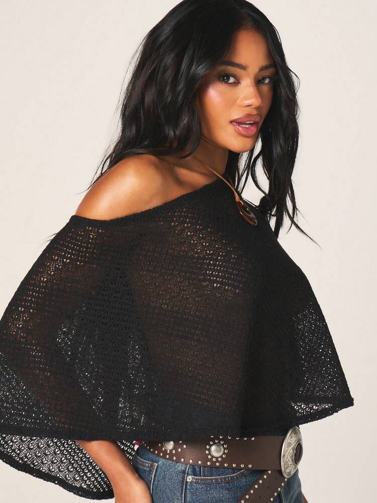 MISSGUIDED Damska czarna szydełkowa narzutka na plażę, peleryna z odkrytymi ramionami, letnia, wakacyjna, w stylu boho, lekka dzianina
