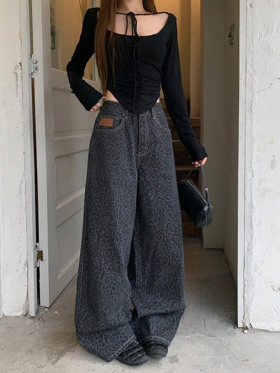 DAZY 女士豹纹口袋阔腿宽松休闲牛仔裤 夏季 - 灰色 - 查看 1