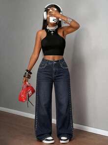 Slaydiva 夏季女士派对休闲夏季度假装扮，铆钉设计口袋阔腿宽松休闲牛仔裤 - 藍色 - 查看 5