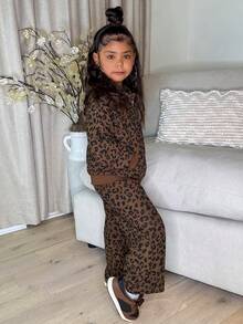 DAZY 2pcs/Set Young Girls Hooded Leopard Print Casual Loose Sweatshirt Jacket And Loose Sweatpants, Korean Style - Brown - View 5