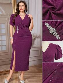 Reflora 大码女式V领花瓣短袖侧开衩亮面修身优雅连衣裙 - 紫色 - 查看 3