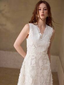 MOTF PREMIUM EMBROIDERED V-NECK SLEEVELESS BEADED ELEGANT VACATION WHITE DRESS - White - View 4
