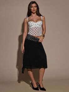 SHEIN BAE Polka Dot Print Sheer Lace Patchwork Camisole - White - View 3