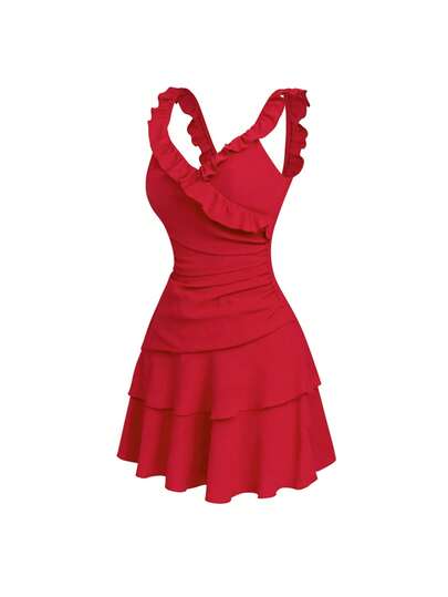 GlowEve Casual Vacation Asymmetrical Ruffle V-Neck Sleeveless Camisole Dress, Red, Summer