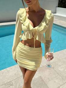 Aloruh 女士纯色黄色低腰半身裙和荷叶边系带袖口长袖衬衫两件套，春夏款 - 黃色 - 查看 4