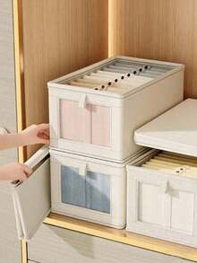 Large Storage Basket | Sturdy Fabric Wardrobe Storage Box With Transparent Window For Organization | Foldable Home Storage With Lid, Beige, Grey - Multicolor - View 2