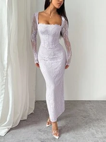 SHEIN PETITE Đầm maxi đen ôm sát cơ thể, dài tay, dáng chữ S, chất liệu ren, có gọng nâng ngực, cổ vuông, ôm sát, dành cho nữ, thích hợp cho các buổi tiệc mùa hè, hẹn hò. - Màu tím hoa cà - Xem 4