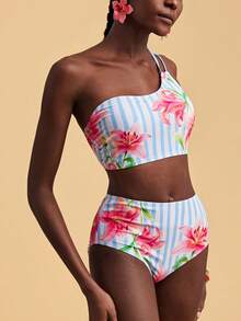 Travachic Conjunto de traje de baño con estampado floral y de rayas para mujer, ideal para vacaciones y playa - Multicolor - Ver 4