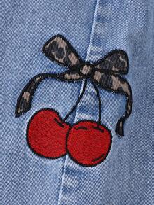 Genkimix Kids Teen Girls Blue Summer Cute Jeans,High-Waisted Wide Leg Baggy Denim Pants With Cherry Embroidery,Y2K Casual Holiday Back-To-School Retro Street Style - Light Wash - View 7
