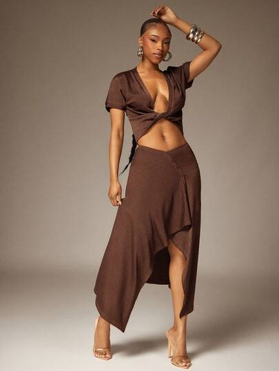 Denimoi Asymmetrical Button Font Knitted Jacquard Skirt Vacation Outfits Ibiza Sexy Skirts