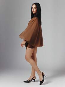 OverBlushhh Women's Chiffon Cape Overlay Evening Wrap In Shades Of Brown,Elegant Semi Formal Sheer Shoulder Cover Up For Wedding Guest Prom Summer Party Events - Brown - View 2