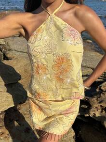Opulessa 女士春夏外出海滩度假节日派对婚礼毕业舞会优雅花卉亮片串珠设计时尚露背上衣，春夏，节日，优雅派对，海滩度假，婚礼宾客，正式毕业典礼，女性工作 - 黃色 - 查看 7
