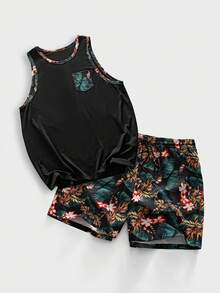Ensemble débardeur et short imprimé tropical décontracté grande taille pour hommes EASEVO - Multicolore - Voir 2
