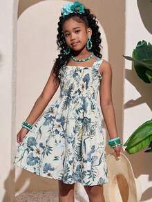 Travachic KIDS 少女夏季度假休闲碎花蝴蝶结系带露背连衣裙 - 綠色 - 查看 6