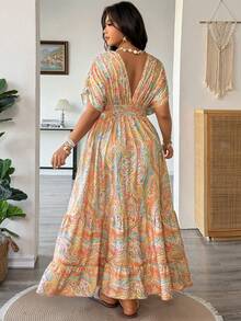Vionelle Plus Size Boho Multicolor Random Print V Neck A Line Maxi Dress With Batwing Short Sleeves - Multicolor - View 2