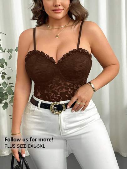 Firerie Plus Size Comfortable, Elegant, Delicate, Sexy Women's Lace Patchwork Bodysuit, Suitable For Spring, Autumn And All Seasons