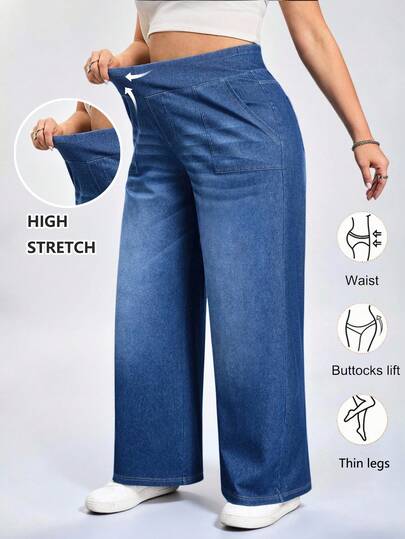 SHEIN CURVE+ Plus Size Casual Washed High Waist Straight Leg Jeans Spring To Summer Carnival Costume Commuting Vacation Graduation Chic Y2k Cute Streetwear Party Wedding Elegant Business Casual Woman Women's Plus Size Wide Leg Jeans With Elastic Waist And Soft Denim Effect For Tummy Control