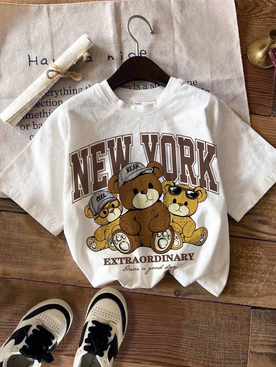 SHEIN Áo thun cổ tròn tay ngắn in hình gấu hoạt hình tối giản cho bé trai, phù hợp cho mùa hè - trắng - Xem 1