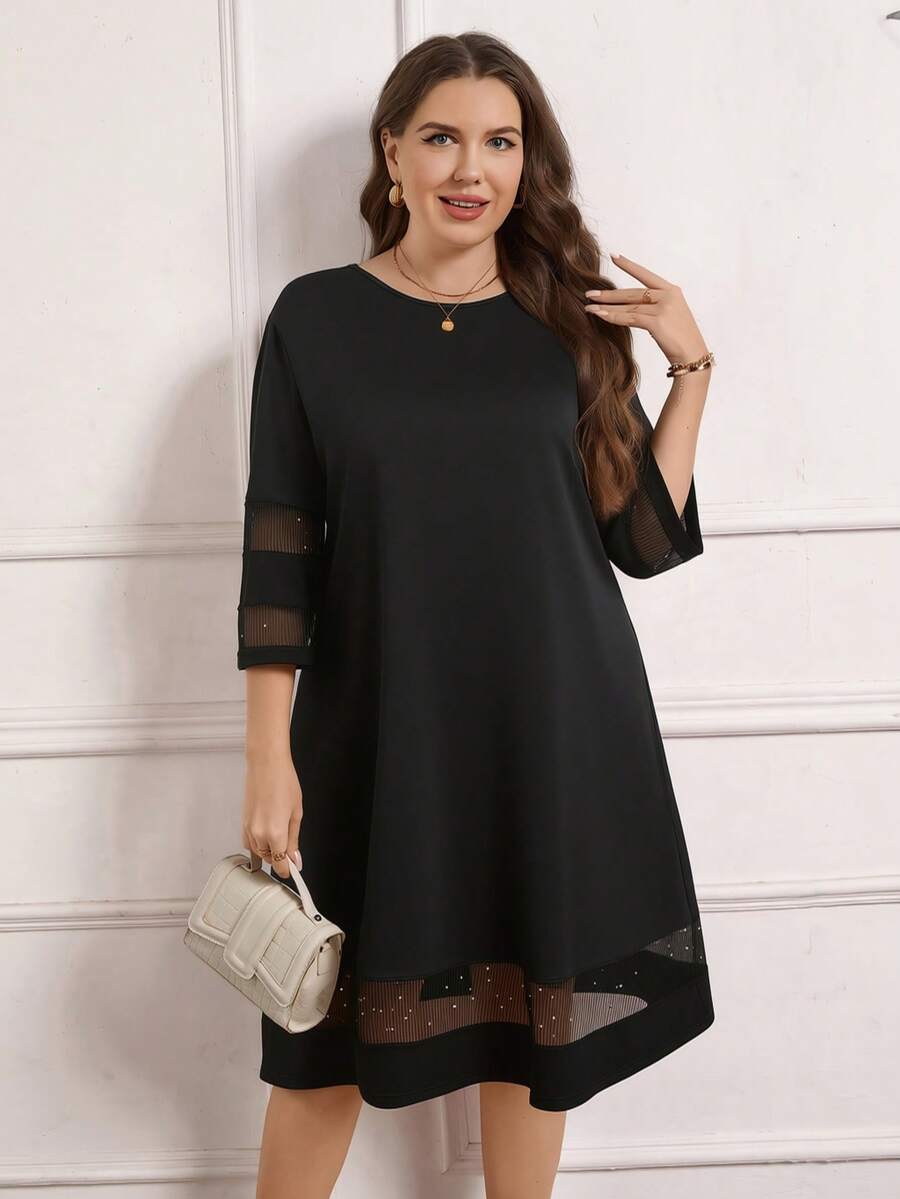 Miaspire 大码女式圆领七分袖撞色网纱宽松黑色优雅连衣裙，冬季连衣裙 - 黑色 - 查看 1