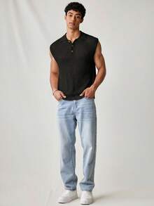SWAVVY Men's Solid Color Sleeveless Knit Top, Polo Shirt For Summer,Vacation - Black - View 3