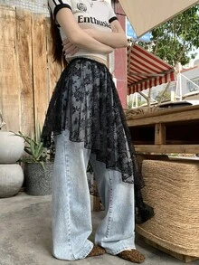 DAZY Chân váy ren khoét họa tiết hoa mùa xuân hè, phong cách Bohemian, váy đi biển bất đối xứng, chân váy thanh lịch công sở bằng vải voan mỏng cho nữ. - màu đen - Xem 9