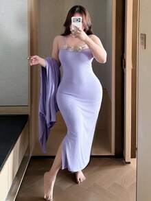 Dazy Plus Elastic Bodycon Camisole Mermaid Maxi Dress, Loose Cardigan Pajama Set - Purple - View 5