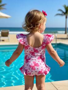 SHEIN Baby Girls' Swimsuit, Cute Pink Bow Print, Shoulder Ruffle Design One-Piece Swimwear, Suitable For Summer Vacation, Swimming, Beach, Pool Party - Multicolor - View 2