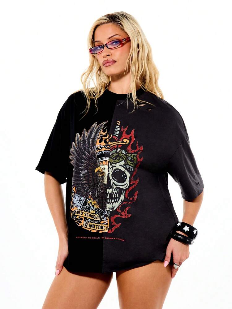 SUMWON WOMEN T-shirt en coton à col ras-du-cou, manches courtes, avec imprimé graphique de crâne de moto et d'aigle, coupe ample et décontractée