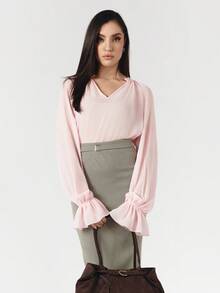 OverBlushhh Blusa holgada de gasa transparente con cuello en V, mangas abullonadas largas y puños con volantes, color rosa, elegante para el trabajo, la oficina, citas, verano y primavera - Rosa - Ver 8