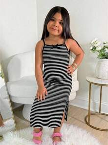 Young Girl's Fashionable & Cute Minimalist Black & White Striped Patchwork Fitted Long Camisole Dress, Summer - Black and White - View 1