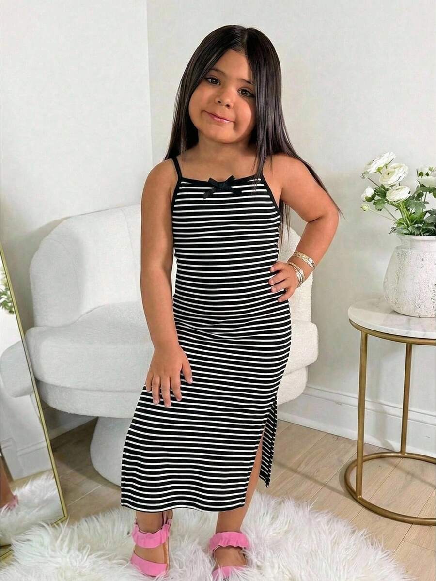 Young Girl's Fashionable & Cute Minimalist Black & White Striped Patchwork Fitted Long Camisole Dress, Summer - Black and White - View 1