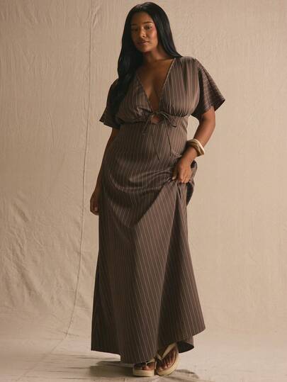 MUSERA 深V领细条纹宽松短袖长裙，春夏优雅复活节可爱度假休闲日常阳光社交