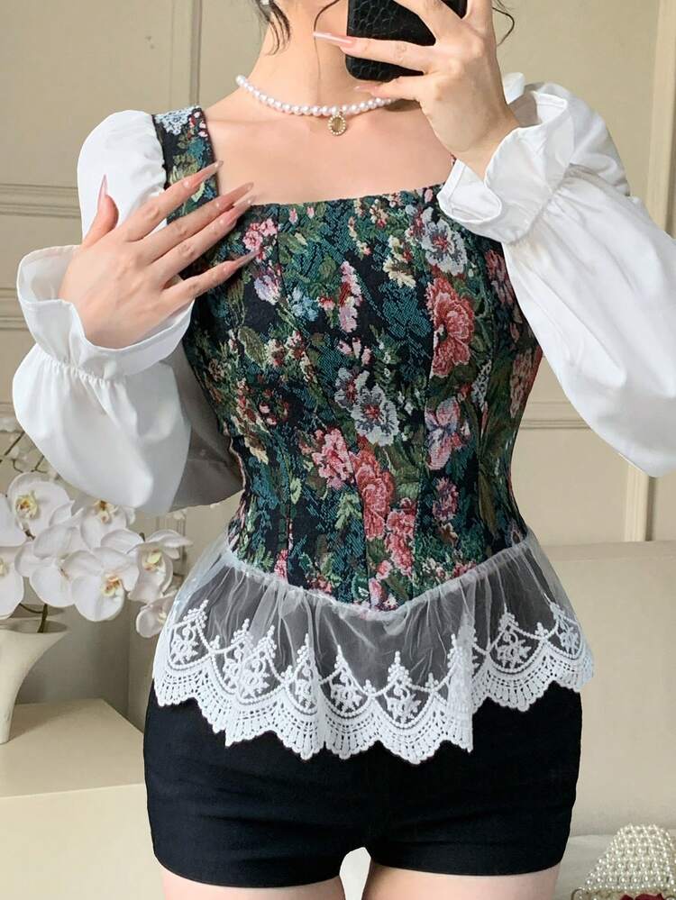 Spring & Summer White & Green 2 In 1 Contrast Color Floral Print Lace Blouse, Elegant For Valentine's Day, Wedding, Party, Fashion Event, Slim Fit, Ruffle Collar & Cuff Long Sleeve Shirt Boho