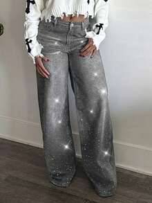 Tyla Gomez 复古性感修身洗水钻缀饰阔腿牛仔裤 牛仔裤 闪光牛仔裤 水钻牛仔裤 - 灰色 - 查看 6