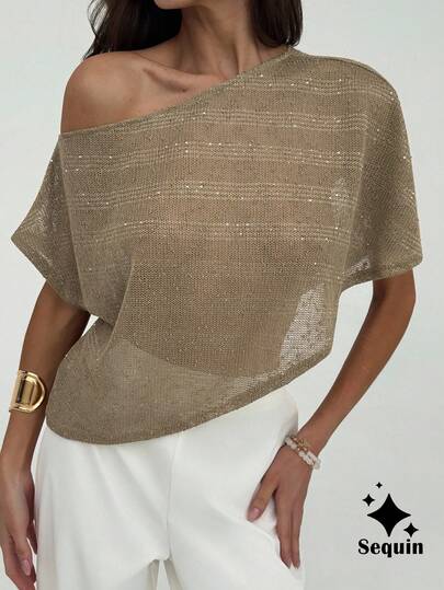 Aloruh Khaki-Colored Asymmetrical Off-Shoulder Top Wedding Guest, Bride, Mother Of The Bride, Wedding Party, Formal Occasion, Special Occasion Beach Vacation  Street Sequin Off Shoulder Blouse Elegant, Chic, Modest , Floor Length