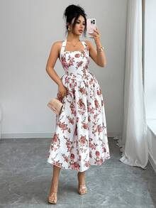 SHEIN Elenzya Women's Elegant Floral Print Backless Halter Dress, Summer - Red and White - View 6