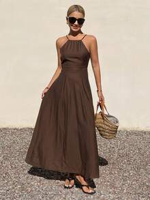 Strévra 夏季假日生日露背吊带镂空中长连衣裙，优雅派对女士波西米亚风连衣裙 - 棕色 - 查看 3