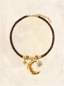 Glisma Elegant Moon, Sun, Star Beaded Pendant Necklace, Fashionable Design, Great Gift For Women,Outfits, Old Money,Metallic/Texture,Gemstone,For Mom/Women/Girl/Mother,Premium,Vintage,Classy Old Money,Outfits,Classy,Metallic/Texture,Vintage,Elegant,For Mom/Women/Girl/Mother,Gemstone,Heart,Valentine's Day,Gold,Easter,Travel/Beach/Vacation,Boho,Grunge - Gold - View 2