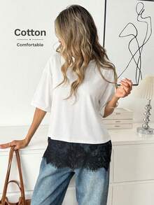 Easowa T-shirt ample à manches courtes, col rond et ourlet en dentelle pour femmes - Blanc - Voir 3