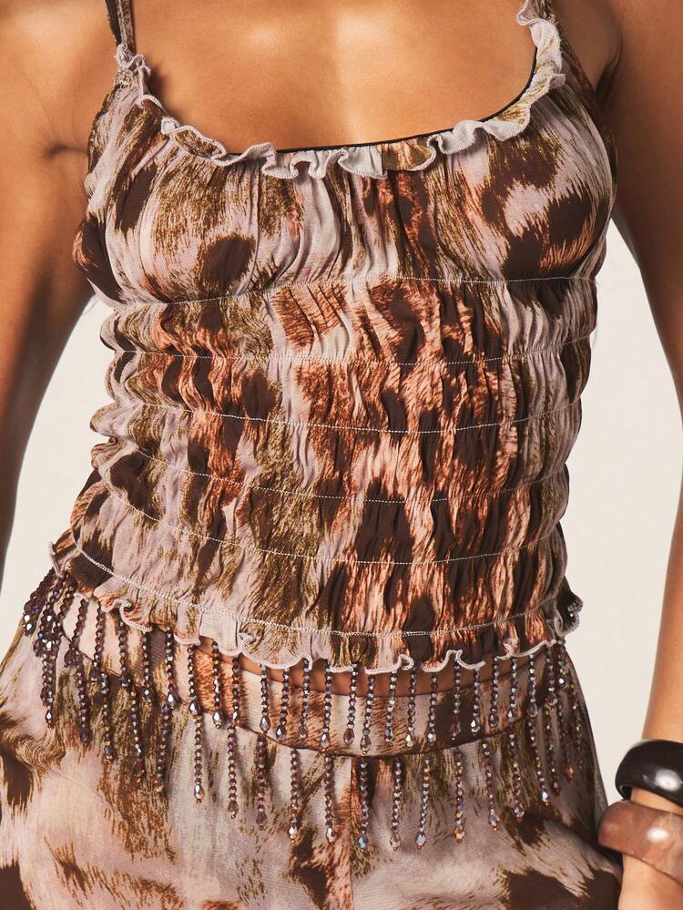 MISSGUIDED Smocked Leopard Print Cami Top With Beaded Fringe Hem Detail Spaghetti Strap Tank For Summer Evening Occasions