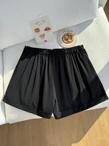 SHEIN EZwear Short décontracté unicolore avec poches, adapté pour le printemps et l'été, grande taille - Noir - Voir 3